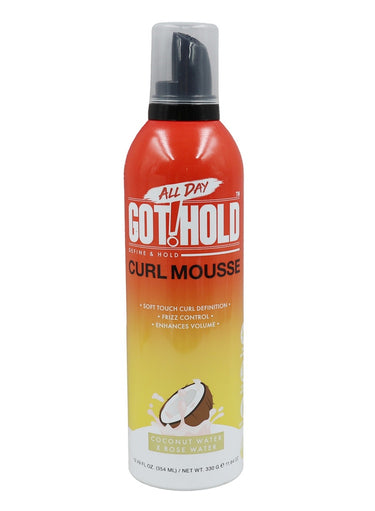 Bottle of Got2B All Day Hold Curl Mousse on a white background